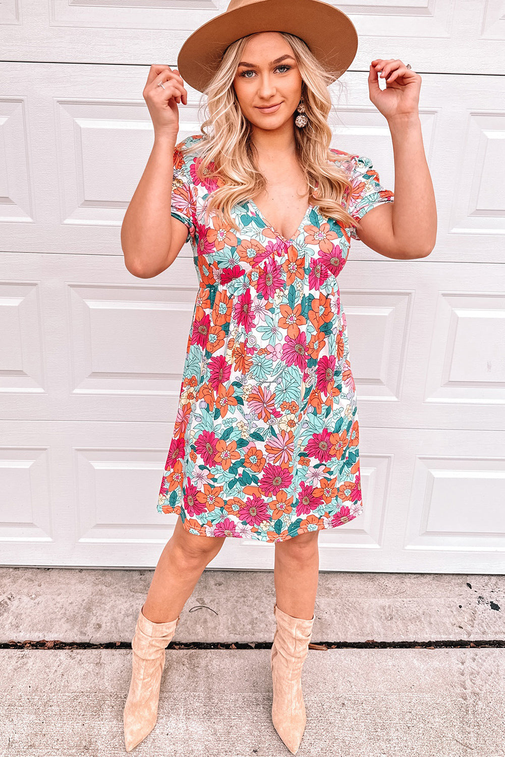 Multicolor Floral Print Tie Back Short Sleeve Dress