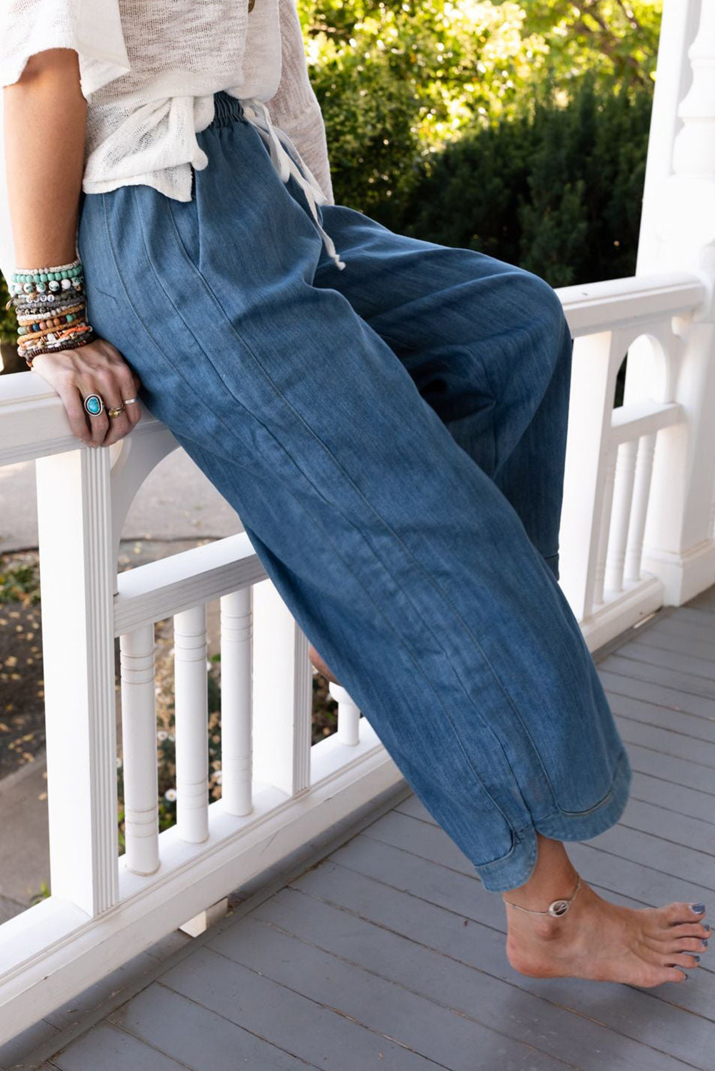 Sky Blue Wide Leg Drawstring Waist Loose Pants