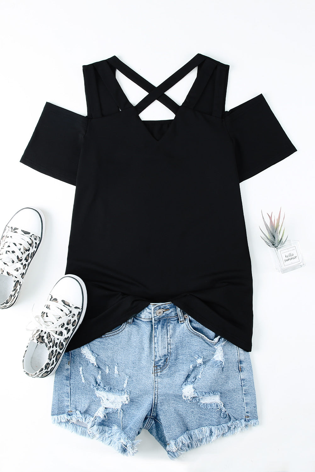 Black Criss-Cross Cut Out Short Sleeve Top