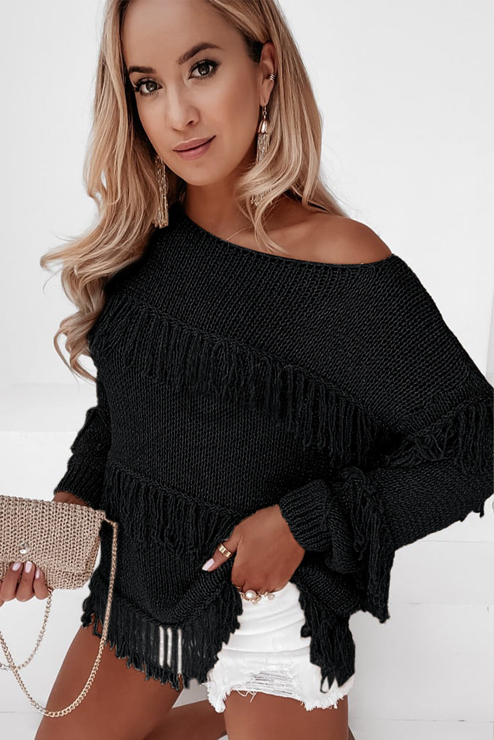 Black Boho Tasseled Knitted Sweater
