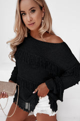 Black Boho Tasseled Knitted Sweater