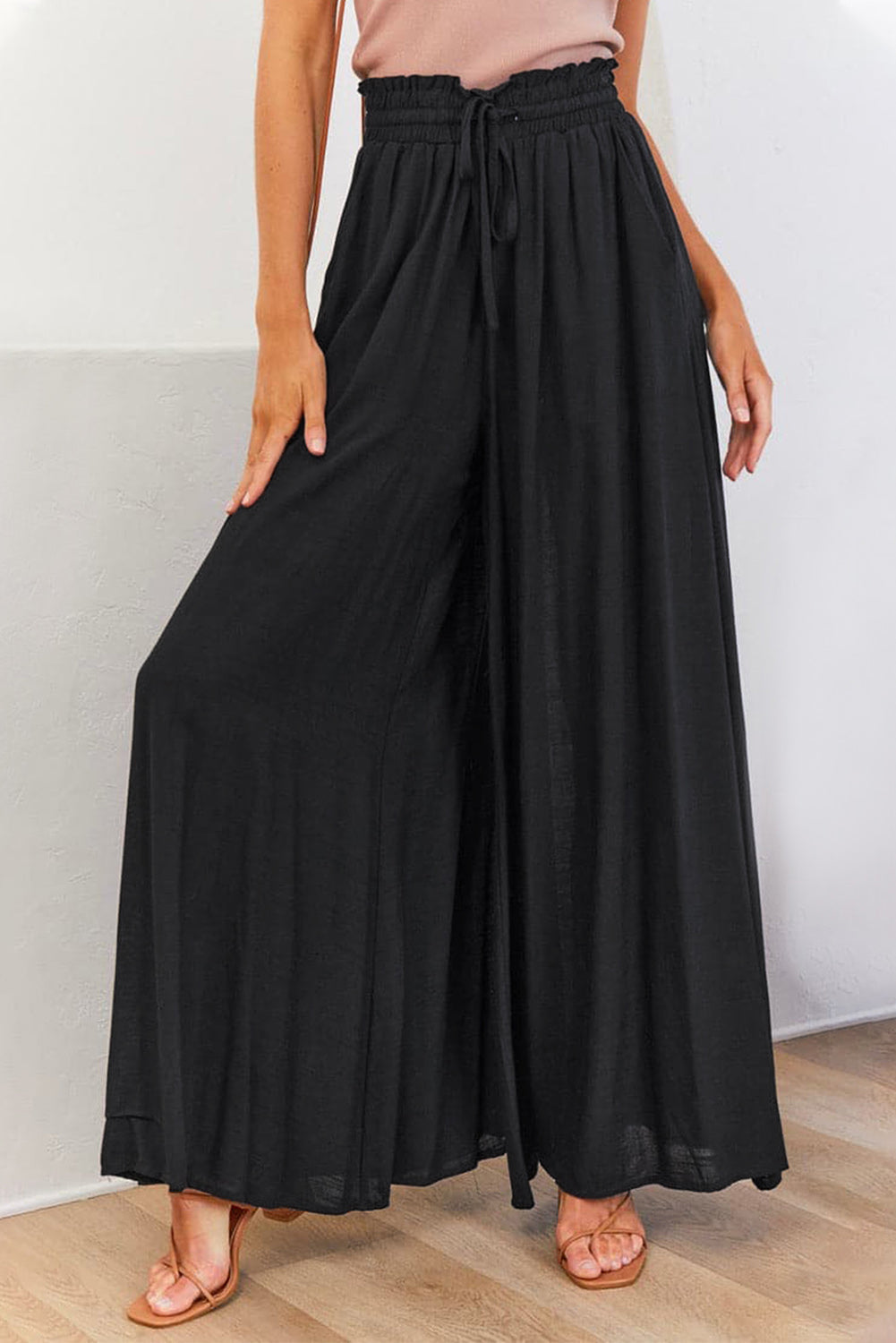 Beige Drawstring Smocked High Waist Wide Leg Pants