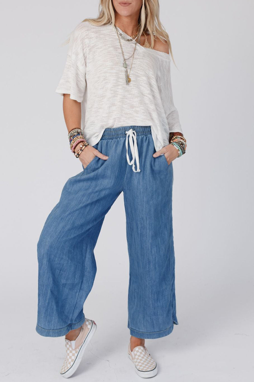 Sky Blue Wide Leg Drawstring Waist Loose Pants