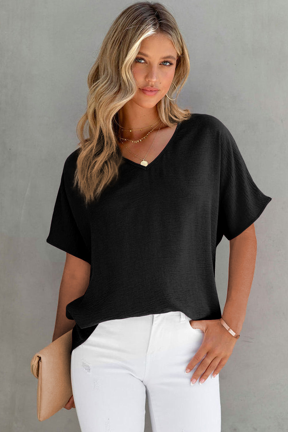 Rose Solid V Neck Short Sleeve Blouse