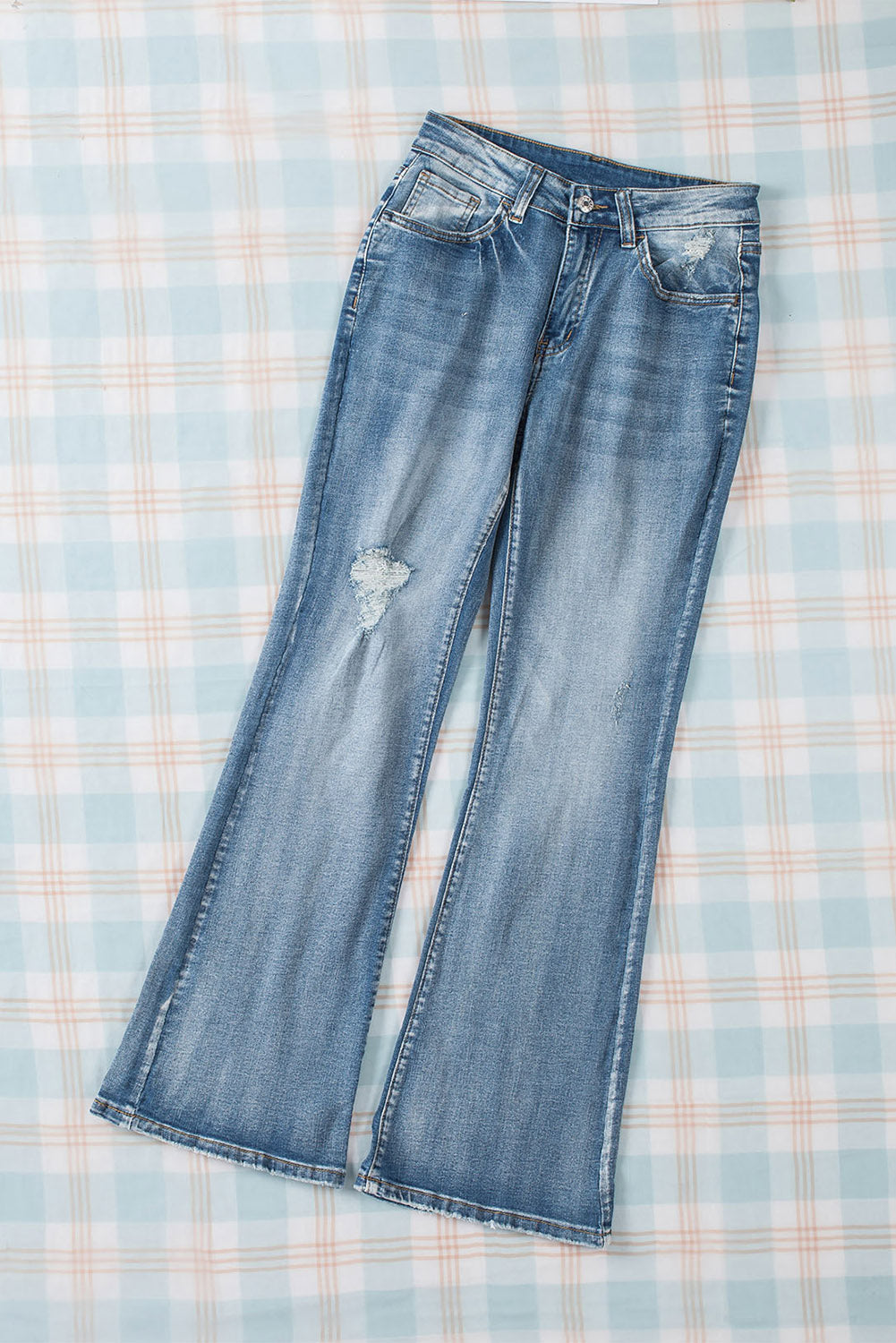 Sky Blue High Waist Ripped Raw Hemline Flare Jeans