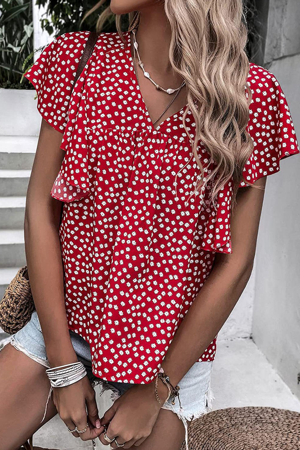 Red Floral Print Ruffle Sleeve Blouse