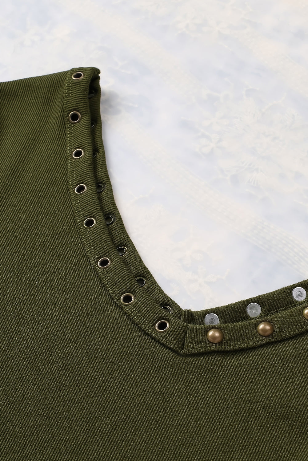 Green Studded Eyelet Neckline Ribbed Knit Long Sleeve Top