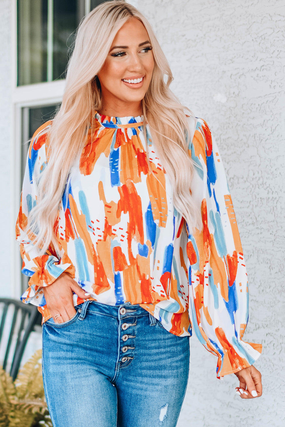 Multicolor Multicolor Printed Ruffle Trim Long Sleeve Top