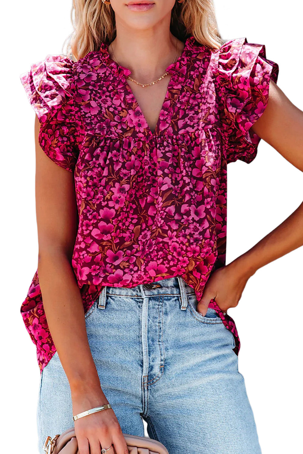 Khaki Floral Print Tiered Flutter Sleeve V Neck Top