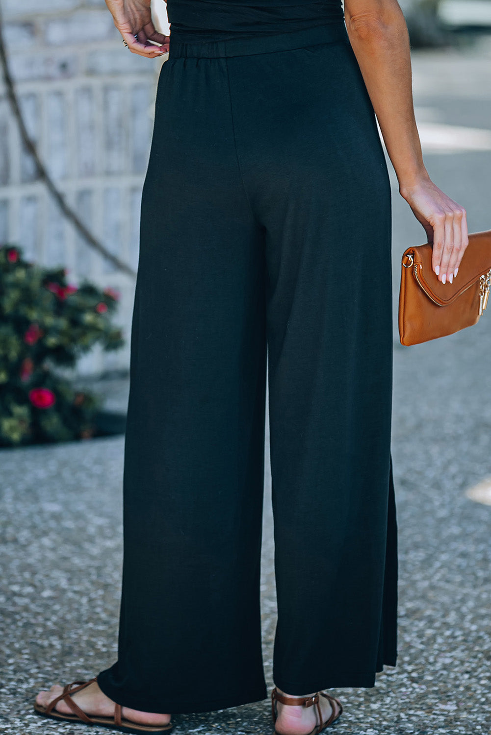 Black Side Slit Wide Leg Mid Waist Pants