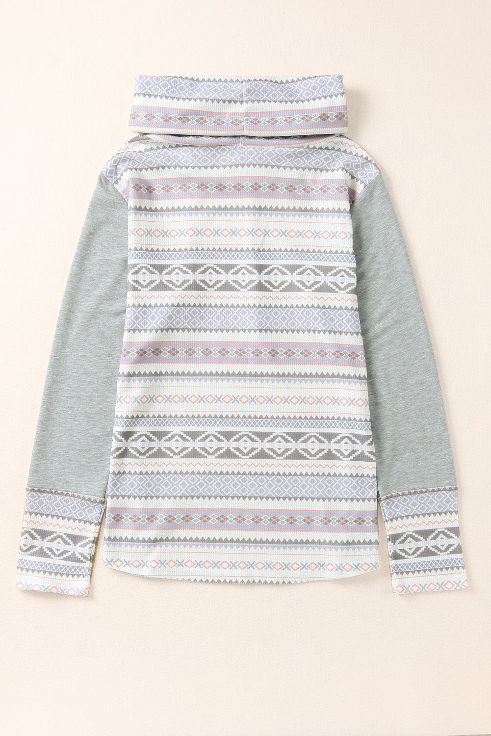 Gray Aztec Print Amicg Knit Cowl Neck Sweatshirt