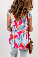 Multicolor Abstract Print V Neck Ruffled Tank