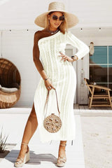 White Chevron Hollowed Knit One Shoulder Beach Dress