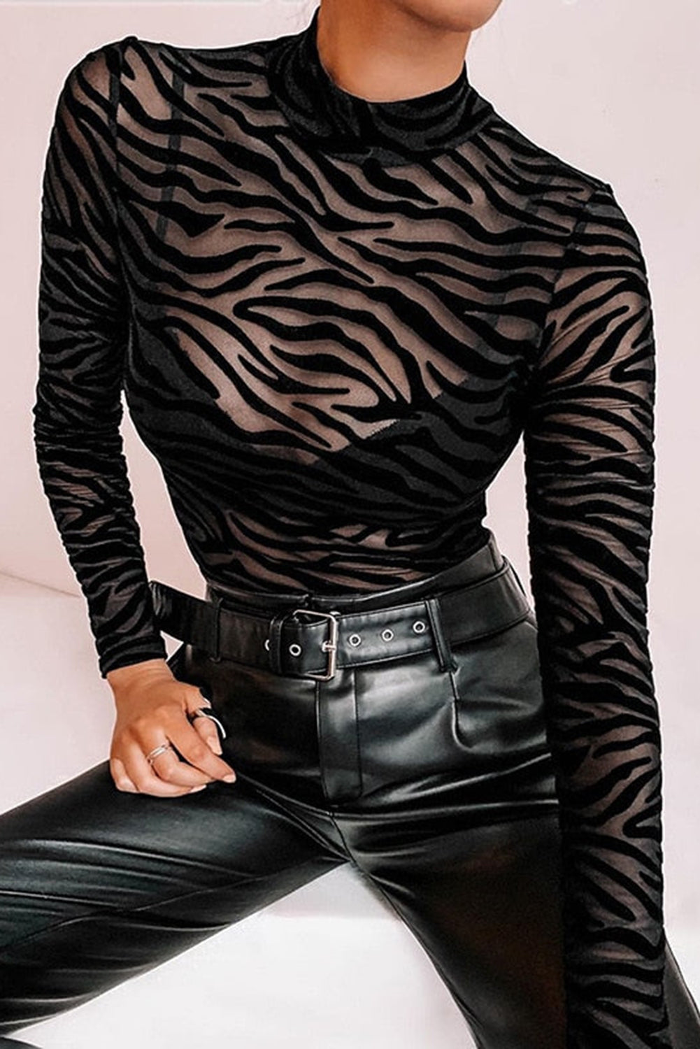 Black Mock Neck Long Sleeve Zebra Print Bodysuit