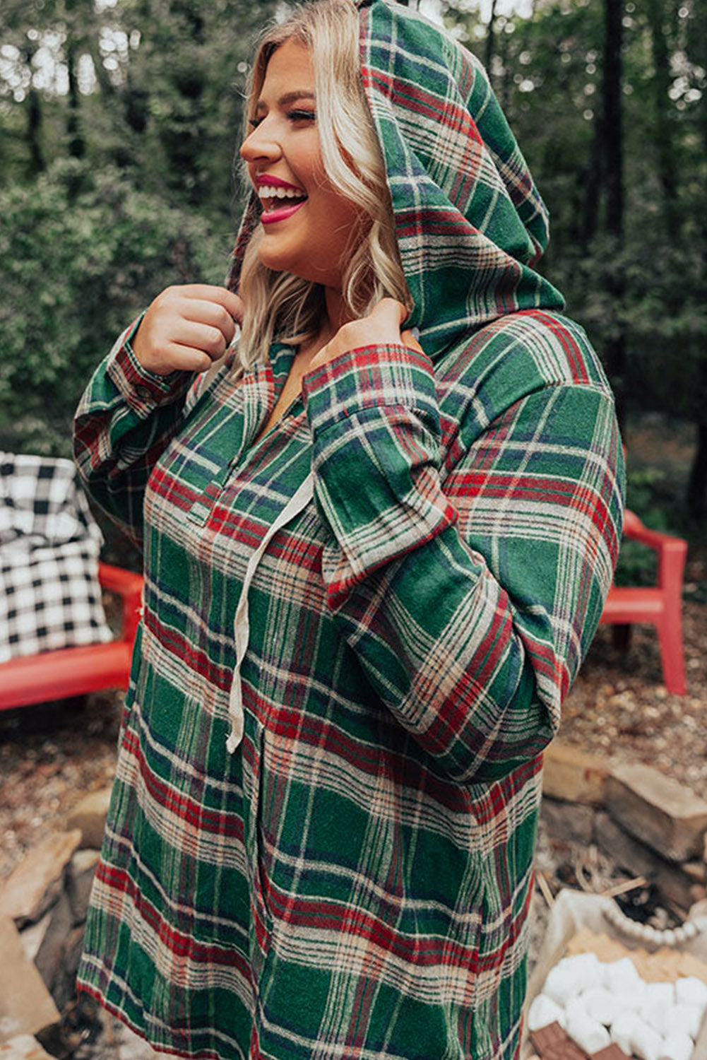 Green Plus Size Plaid Kangaroo Pocket Drawstring Hoodie