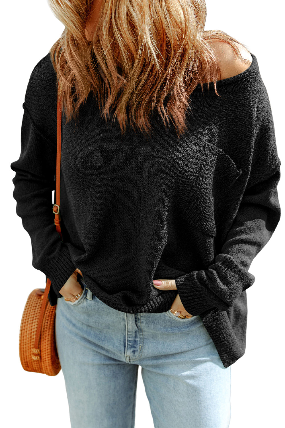 Biking Red Solid Color Off Shoulder Rib Knit Sweater with Pocket