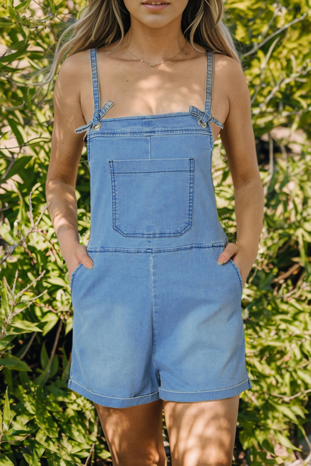 Sky Blue Grommet Tie Straps Casual Denim Romper