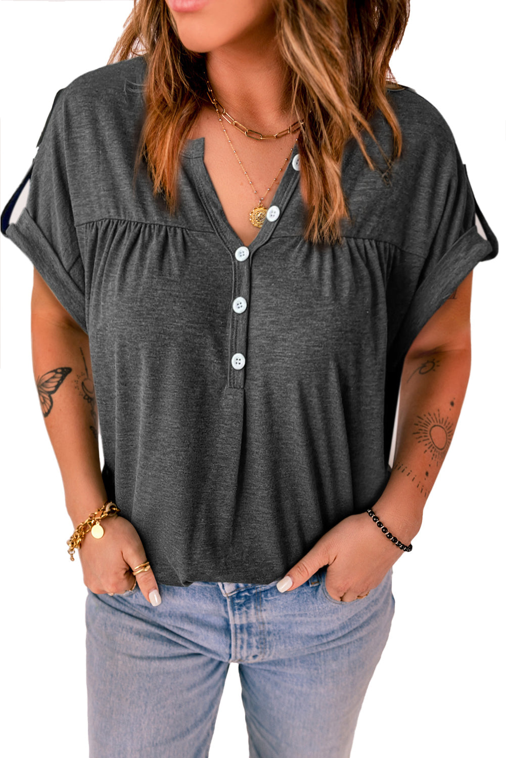 Sky Blue V-Neck Rolled Short Sleeve Henley Top