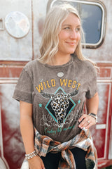 Brown Vintage Bull Head Graphic Western Fashion T Shirt