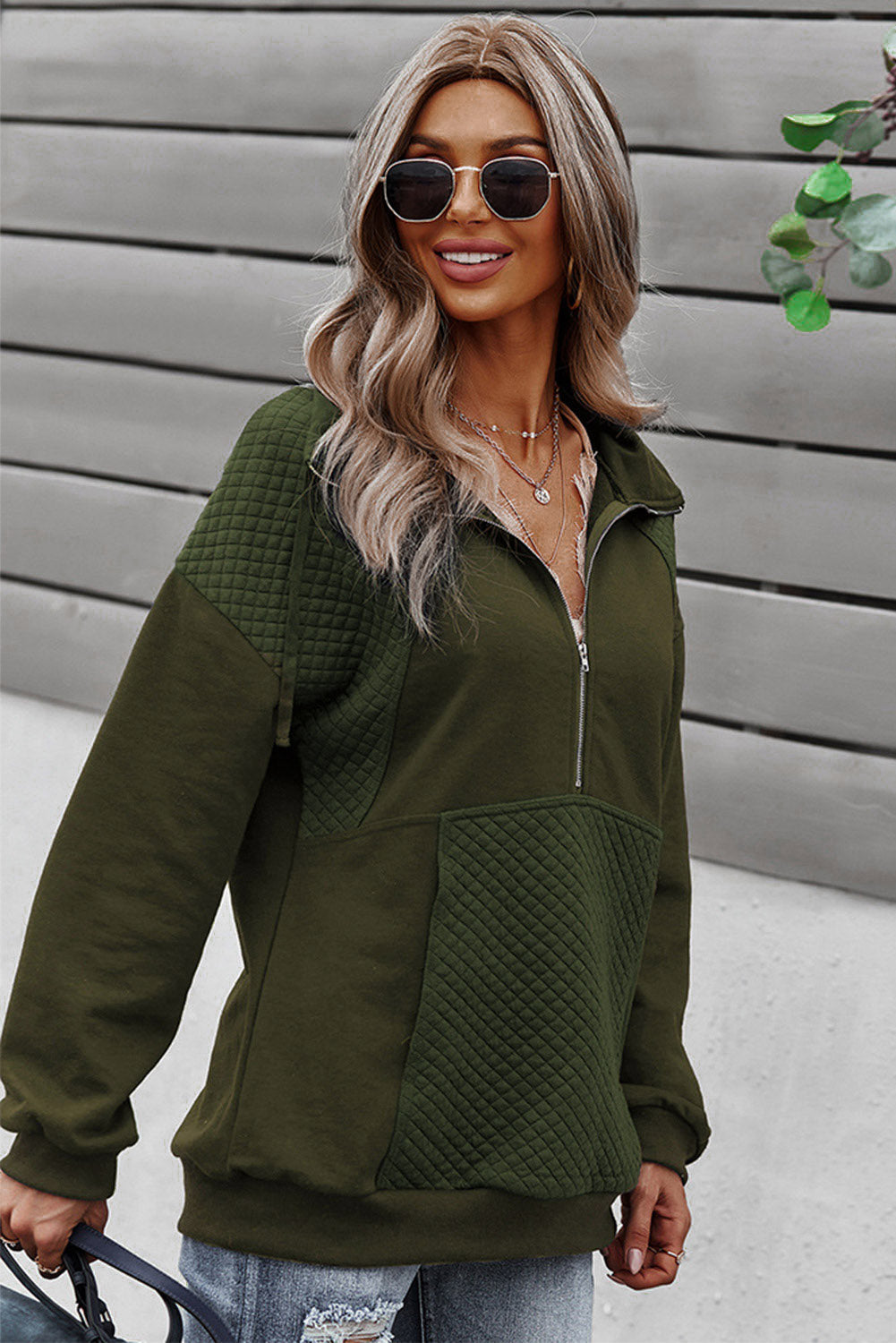 Quilted Patch Half Zipper Sweatshirt