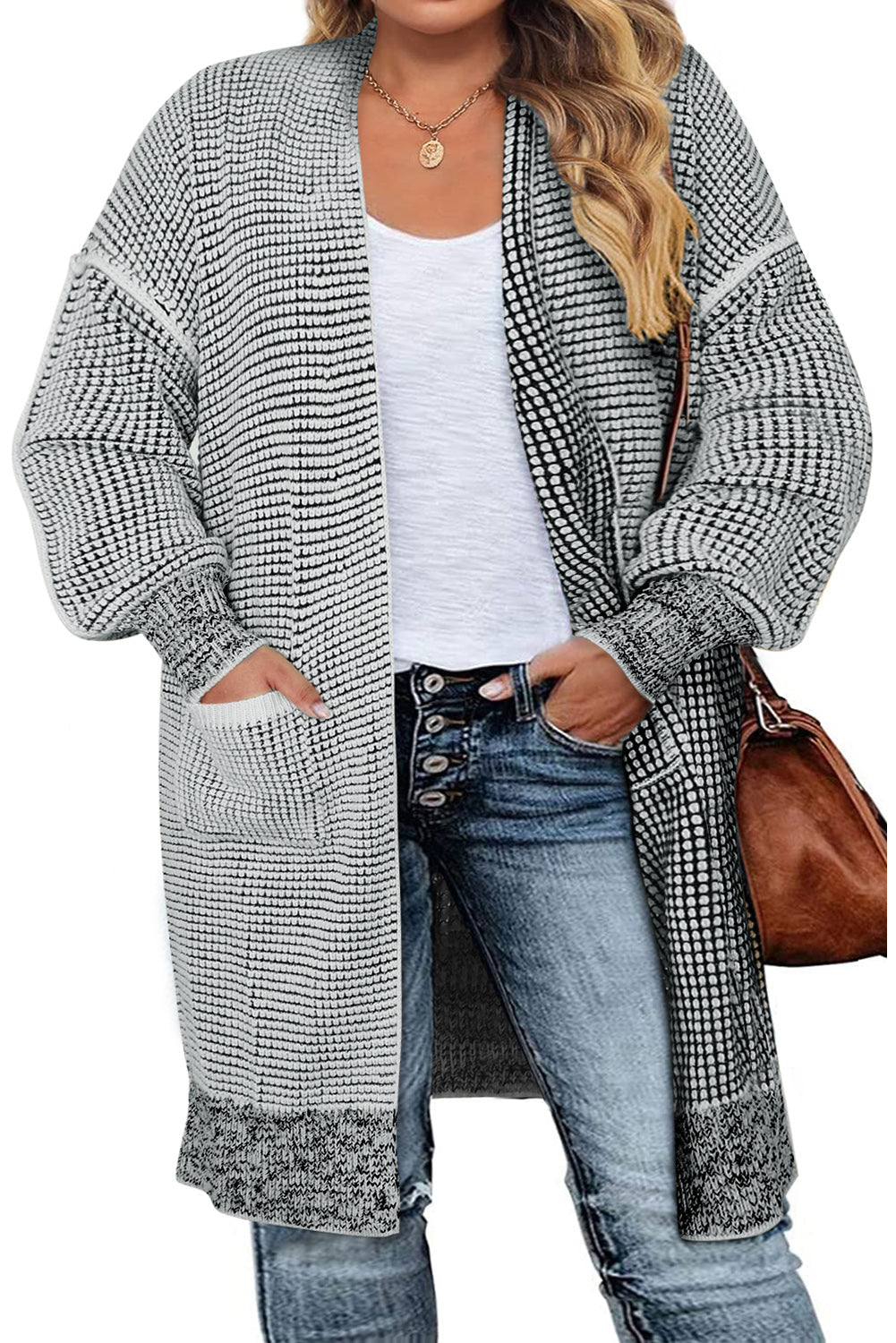 Grey Plaid Contrast Trim Open Front Cardigan