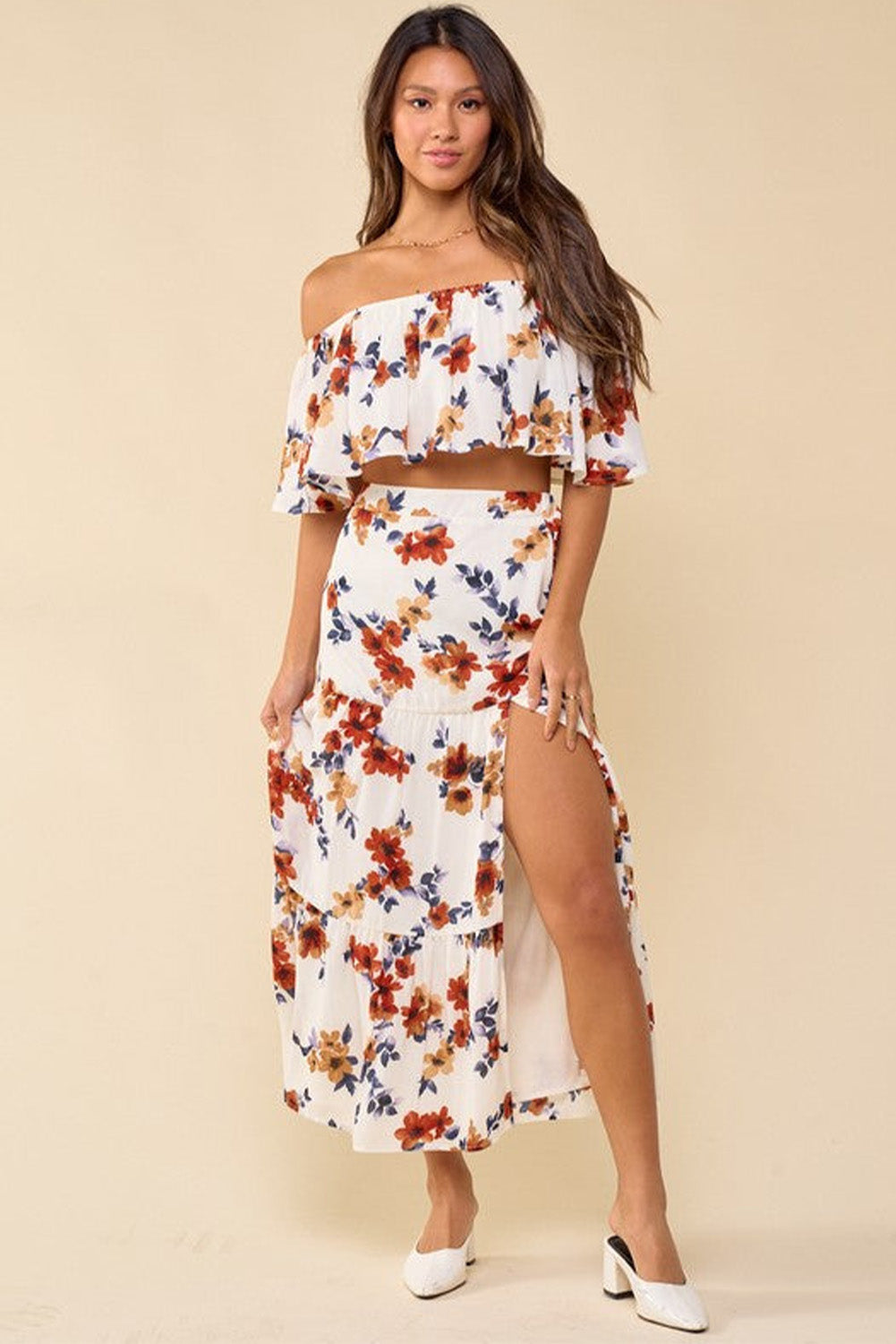 White Floral Print Off-shoulder Crop Top and Maxi Skirt Set