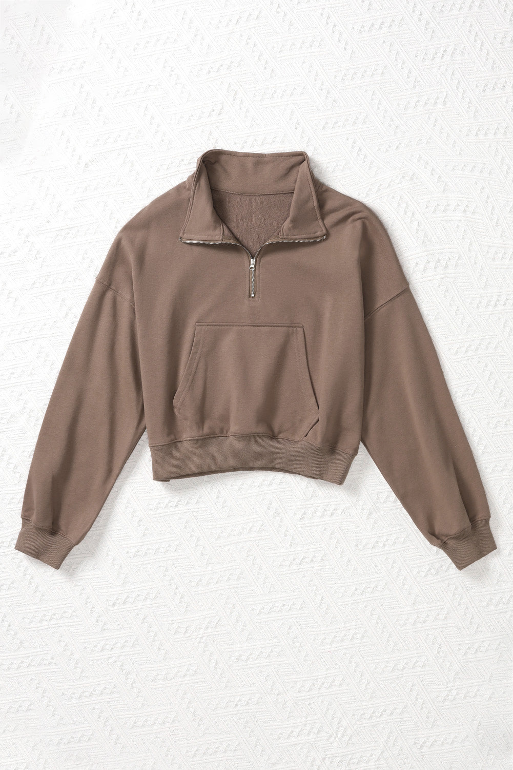 Brown Zipped Turn Down Collar Cropped Sweatshirt with Pocket