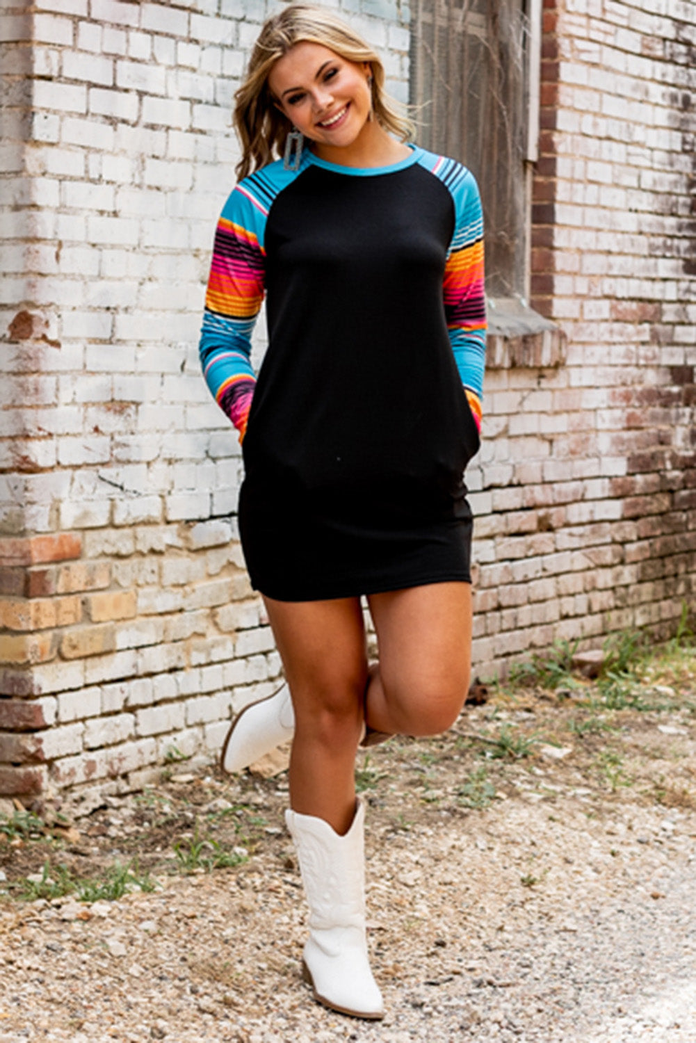 Striped Raglan Long Sleeve Shift Mini Dress