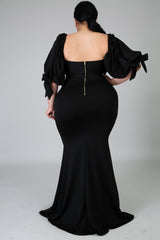 Black Bow Tie Puff Sleeve Plus Size High Slit Maxi Dress