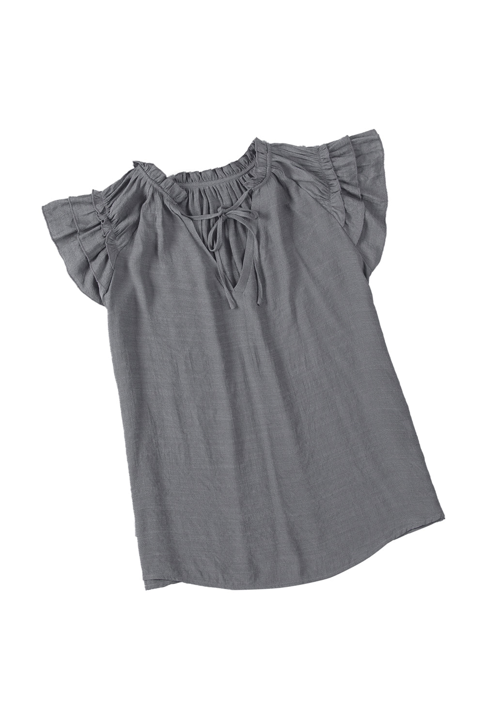 Gray Tiered Ruffled Drawstring V Neck Top