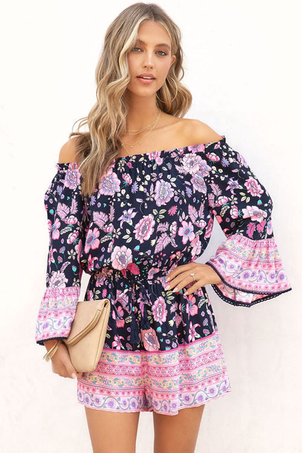 Blue Floral Patchwork High Waist Off Shoulder Romper