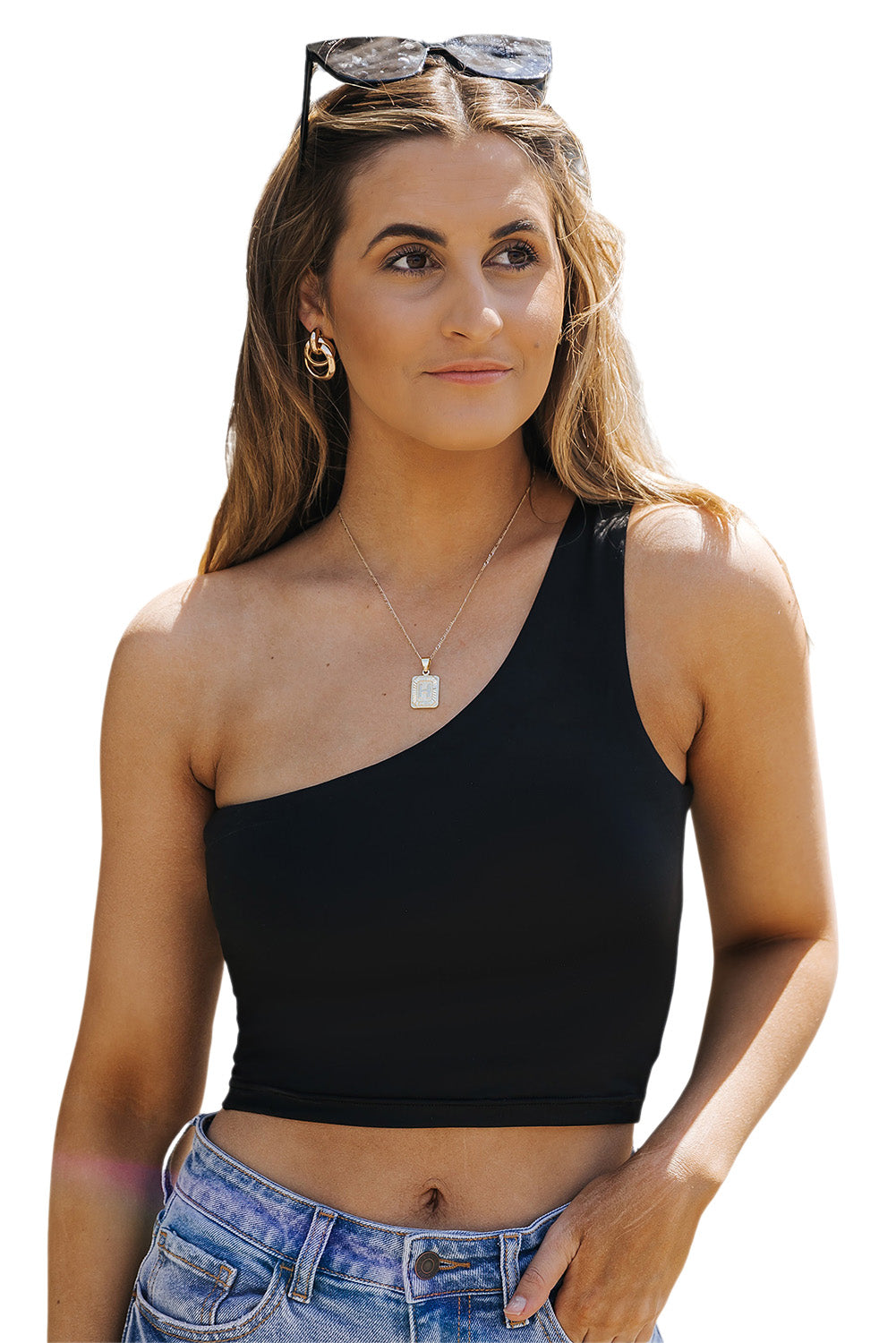 Black One Shoulder Sleeveless Crop Top