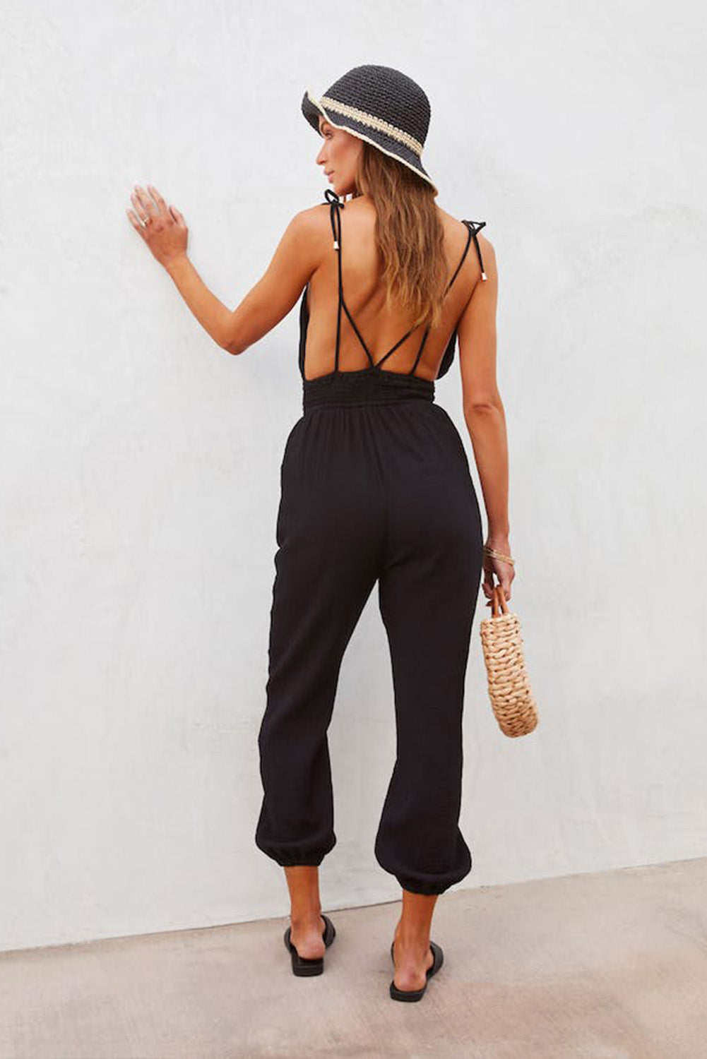 Black V Neck Knotted Shoulder Backless Pocket Jumpsuit