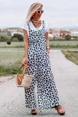 White Wide Leg Leopard Print Jumpsuit Overalls