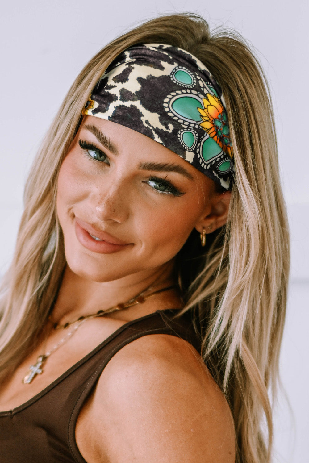 Multicolor Sunflower Cow Print Wide Headband