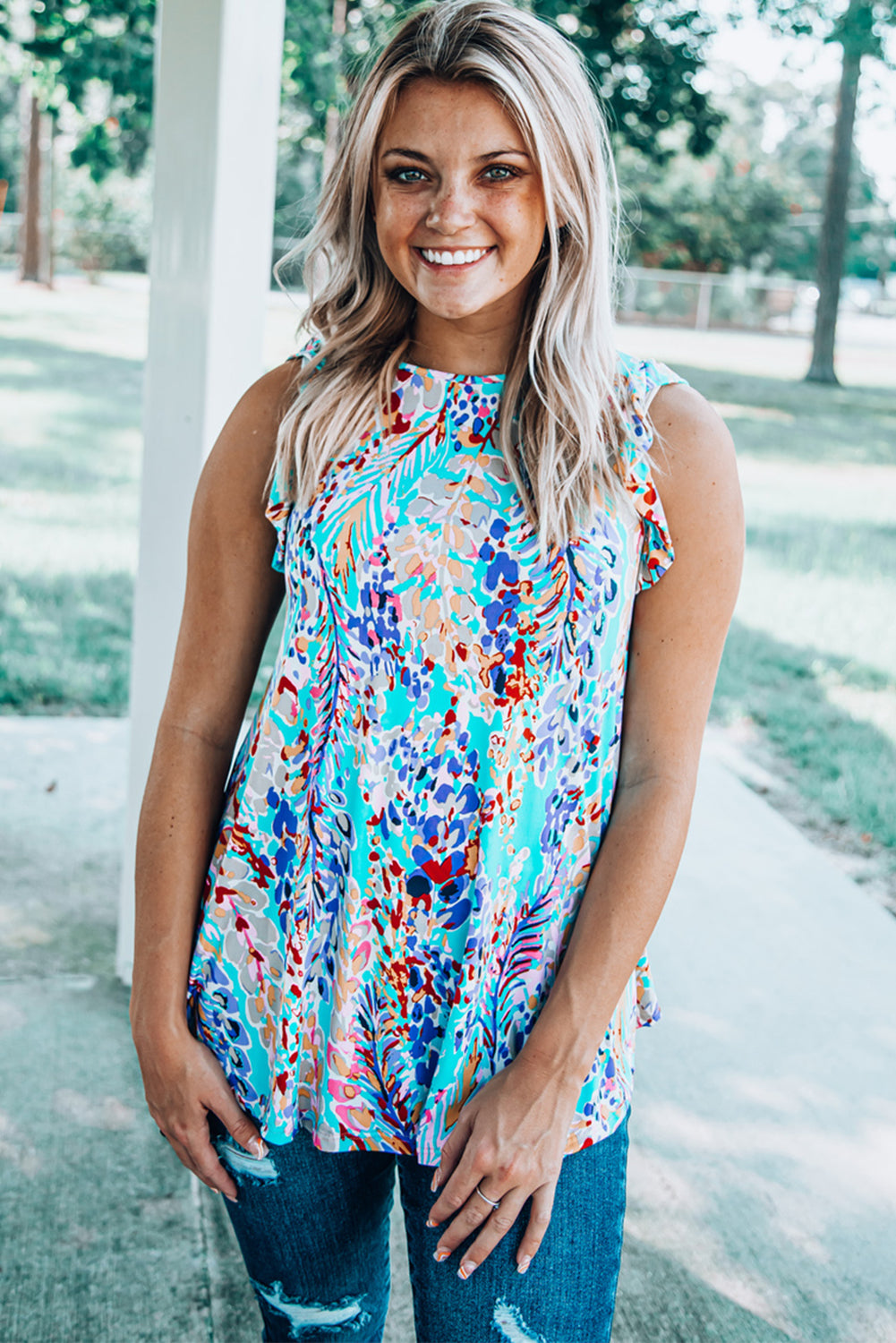 Blue Floral Print Tank Top with Ruffles