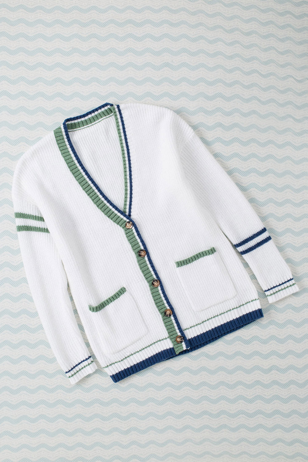 White Striped Buttoned Pocketed Drop Shoulder Sweater