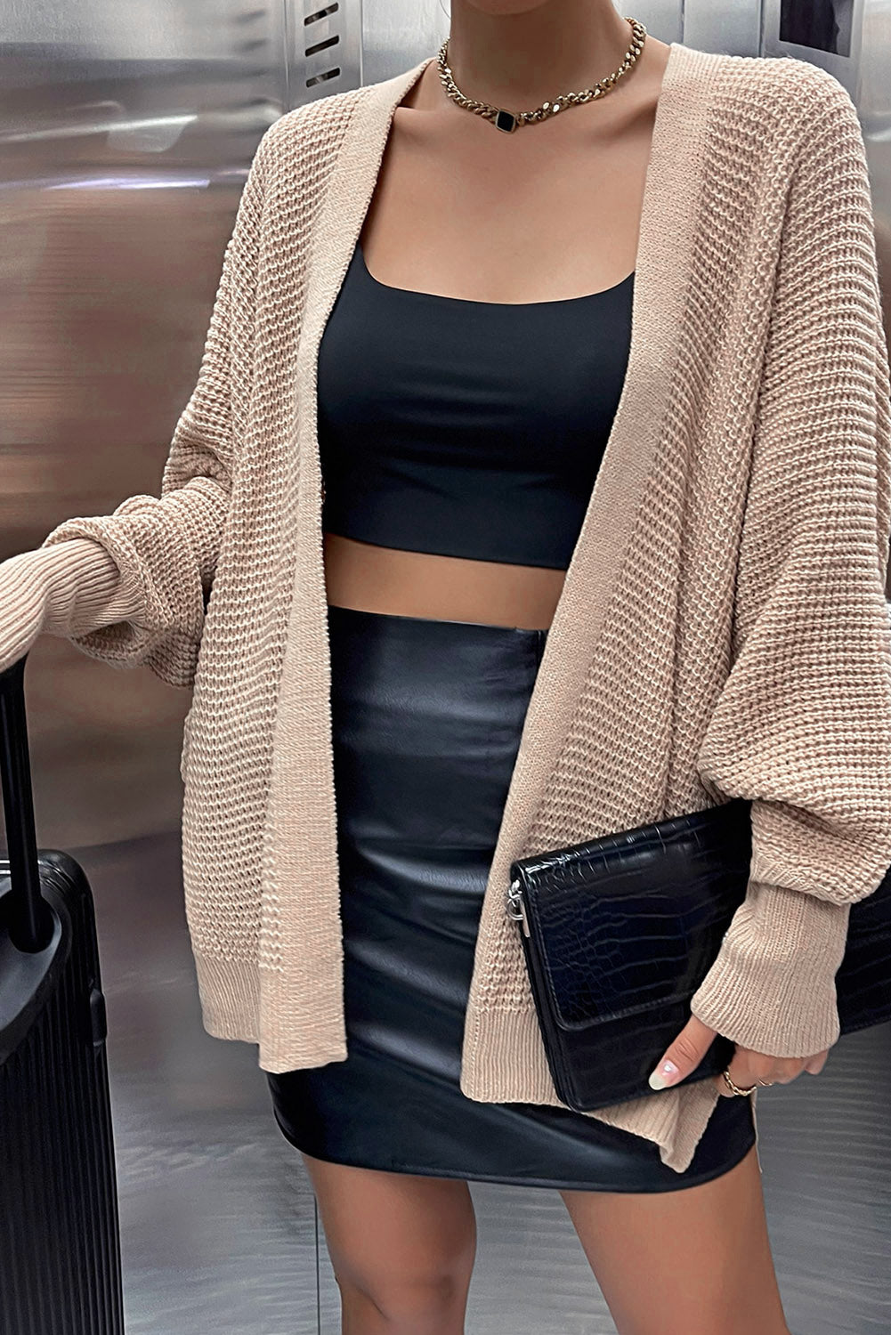 Khaki Knitted Dolman Sleeve Open Front Cardigan