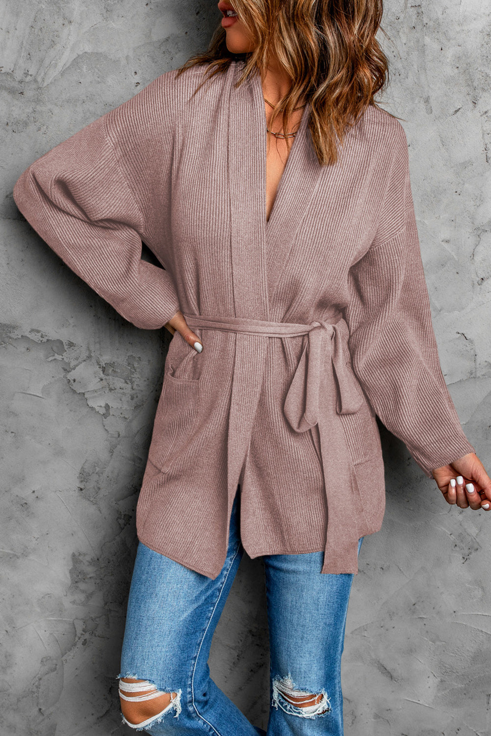 Black Robe Style Rib Knit Pocketed Cardigan with Belt