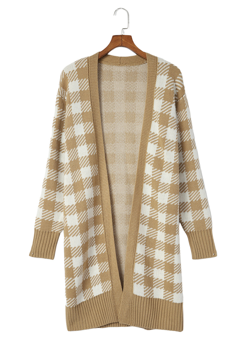 Khaki Plaid Pattern Ribbed Trim Long Cardigan