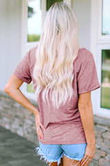 Pink Marble Print Seamed V Neck T-shirt