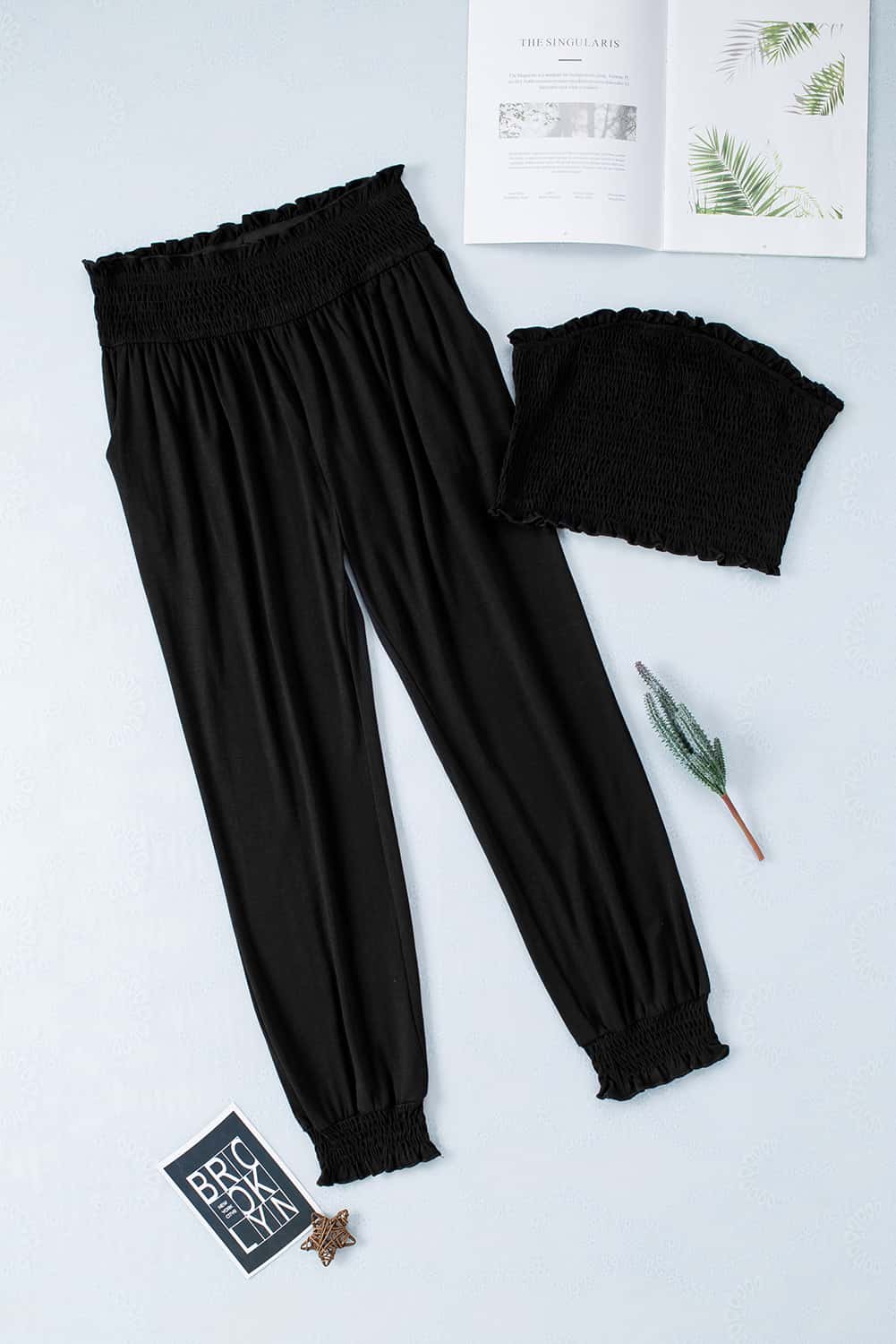 Black Smocked Tube Top and High Waist Pants Set