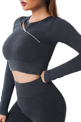 Black Asymmetric Zipped Ribbed Long Sleeve Yoga Top