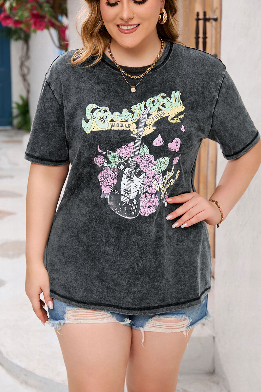 Gray Plus Size Retro Guitar Roses Graphic Washed T-shirt