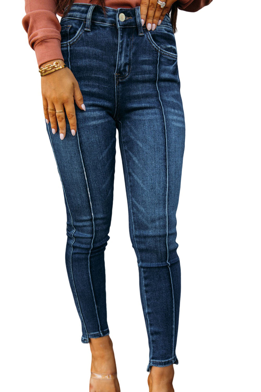 Blue Seamed High Waist Skinny Fit Jeans