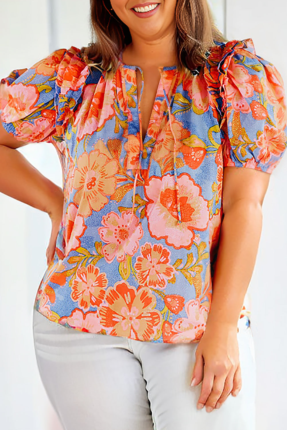 Multicolor Floral Bubble Sleeve V-Neck Plus Size Blouse