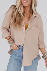 Khaki Crinkled Turn-down Collar Buttoned Shirt with Pocket