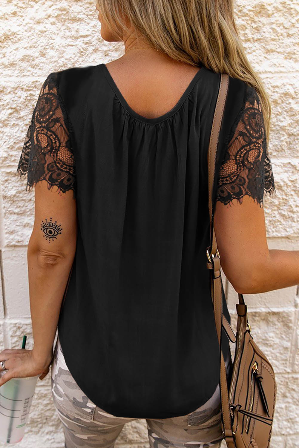 Black Cut Out Lace Patchwork Short Sleeve Top