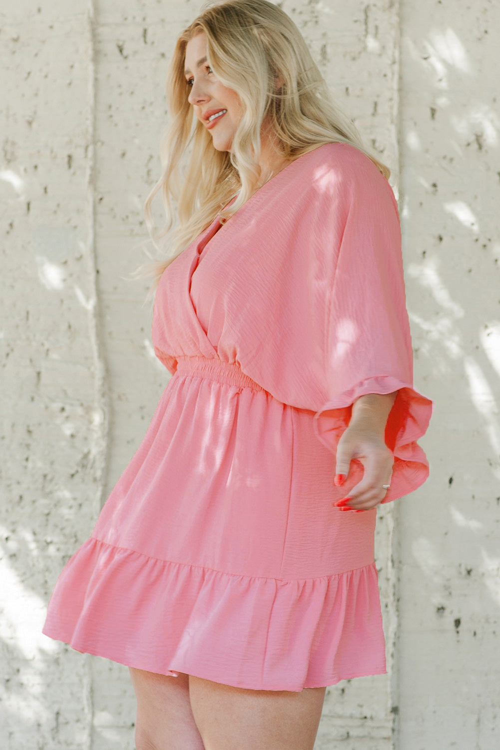 Pink Ruffled Knotted Open Back Wrap V Neck Plus Size Dress