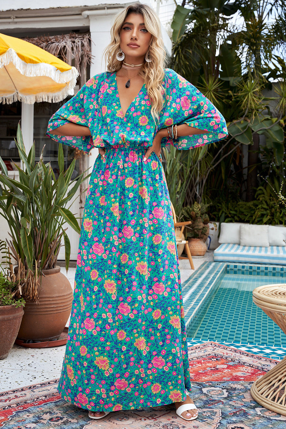 Green Boho Amicgp V Neck Floral Maxi Dress
